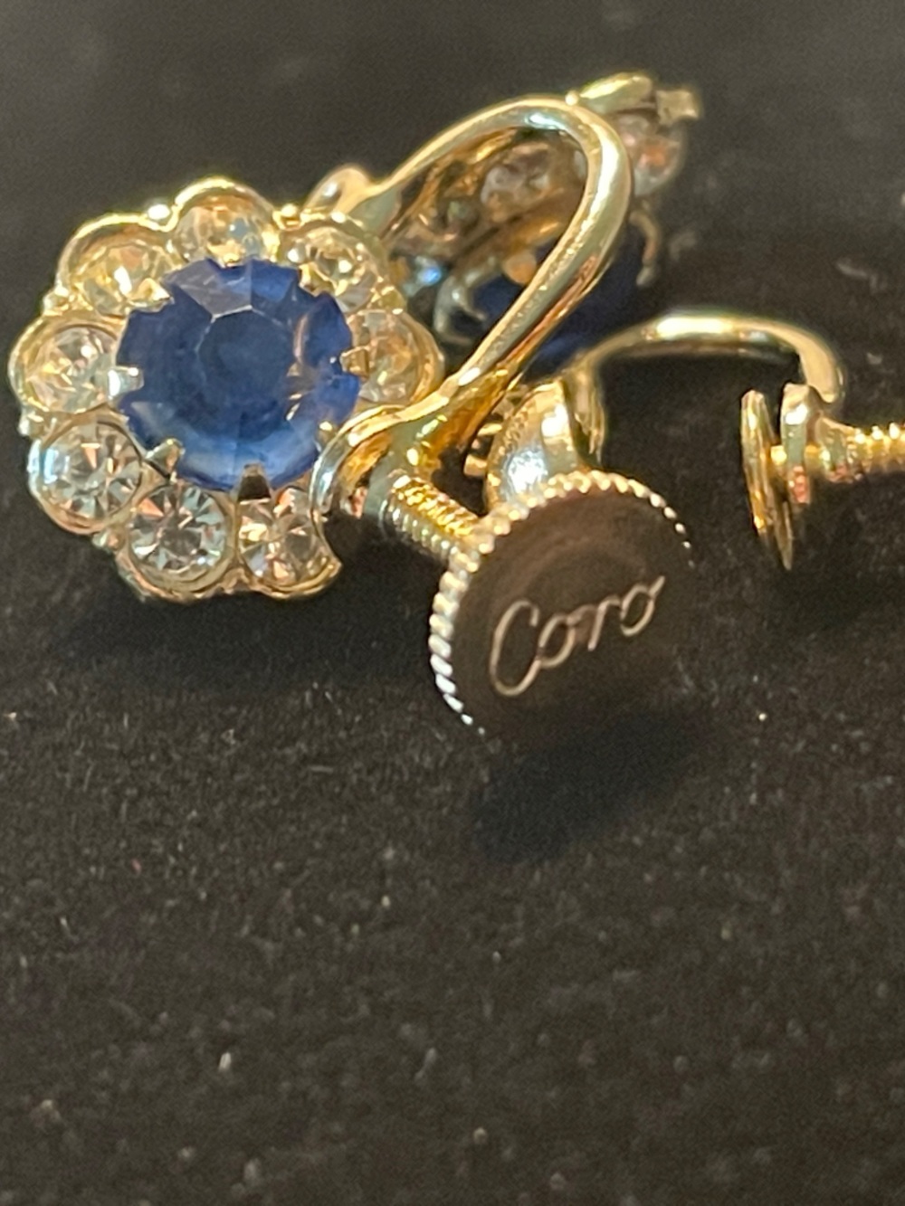 Gold-Tone Blue Crystal Flower Screw-Back Earrings